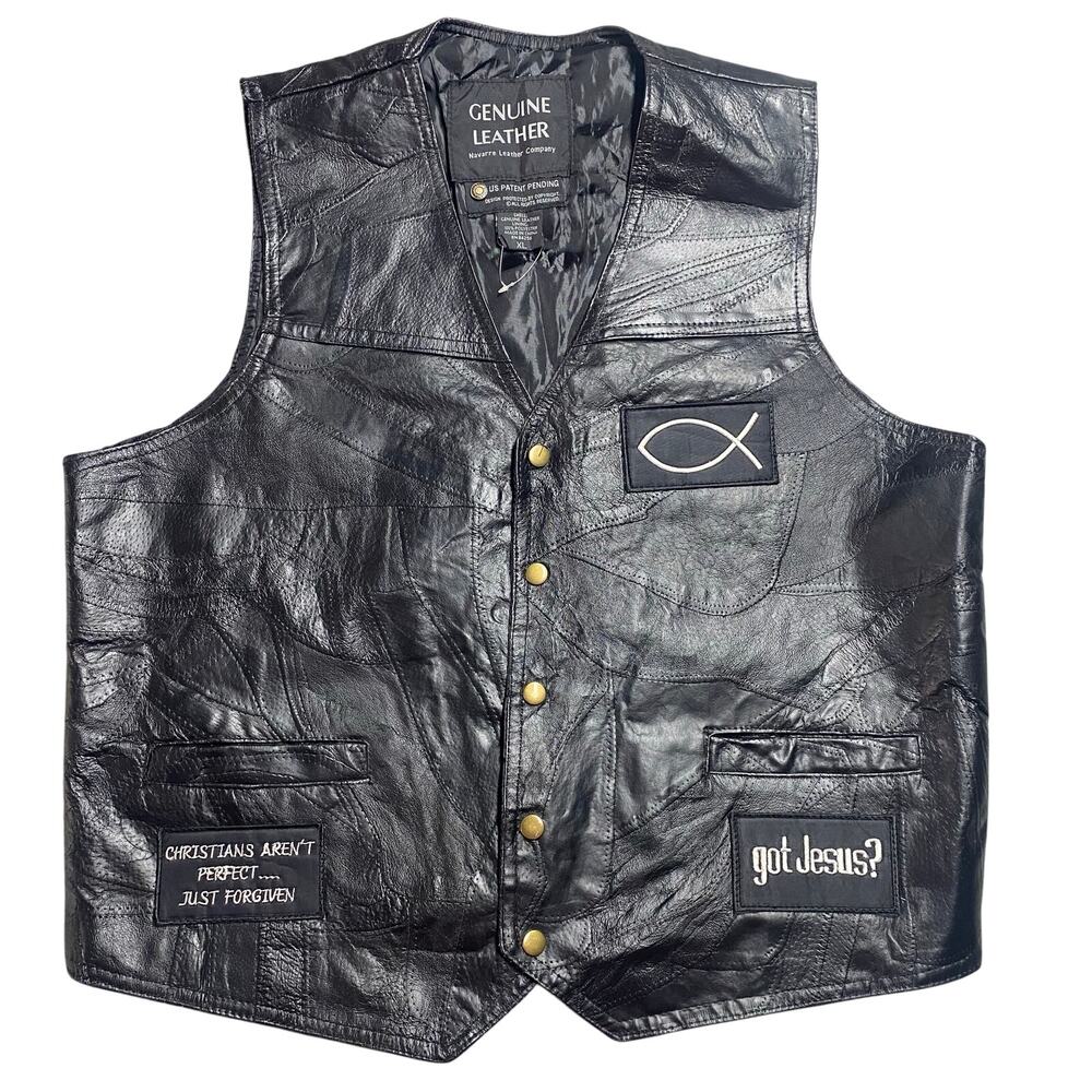 Vintage Navarre Black Leather Christian Jesus Biker Vest Mens XL Italian Stone